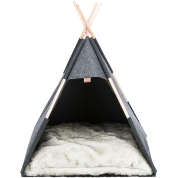 Graues Haustier-Tipi mit Holzpfosten und einem weichen, plüschigen Innenraum, perfekt für kleine Hunde oder Katzen.