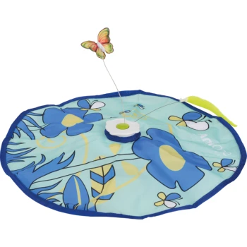 Blau-gelbe Blumen-Katzenspielmatte mit einem Schmetterling an einer Feder und einem gelben, flauschigen Schwanzanhänger.
