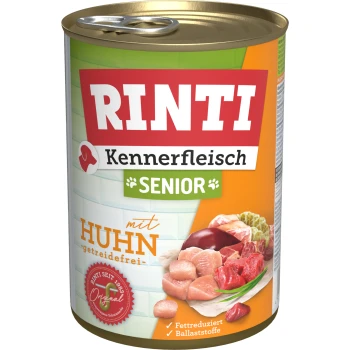 Kennerfleisch Nassfutter Hund, Senior, Dose 12x400 g Huhn RINTI Kennerfleisch Senior Hundefutterdose mit Huhn, getreidefrei, mit rohem Fleisch, Gemüse und reduziertem Fett- und Ballaststoffgehalt.