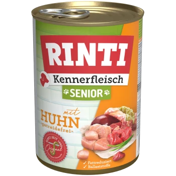 RINTI Kennerfleisch Senior Hundefutterdose mit Huhn, getreidefrei, mit rohem Fleisch, Gemüse und reduziertem Fett- und Ballaststoffgehalt.