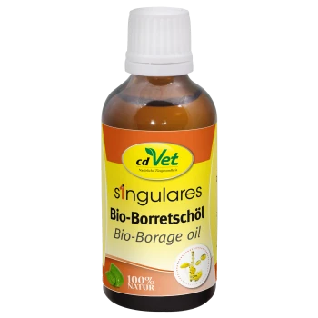 Flasche cdVet Bio-Borretschöl mit einem weißen Deckel, mit einem gelben Etikett, das "100% NATUR" und "Natürliche Tiergesundheit" angibt.