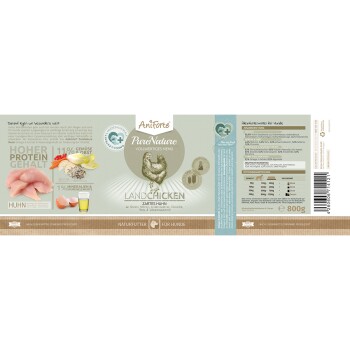 Aniforte PureNature Hundefutterverpackung mit "Landhuhn" und Bildern von Huhn, Gemüse und Nährwertangaben. 800g.