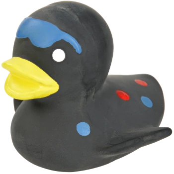 Schwarze Gummiente mit gelbem Schnabel, blauen und roten Flecken sowie blauen Markierungen über den Augen, isoliert vor weißem Hintergrund.
