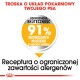 Obrazek promujący karmę dla psów z wyraźnym tekstem: "Troska o układ pokarmowy twojego psa," oraz odznaką: "91% zadowolonych właścicieli."