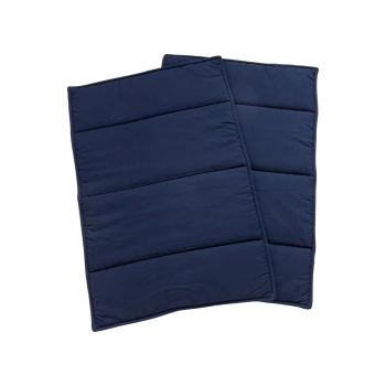 Zwei marineblaue Haustiermatten übereinander gestapelt auf einem weißen Hintergrund, mit einem gesteppten Design und drei horizontalen Nähten.