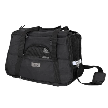 Transporttasche für Hunde & Katzen schwarz Schwarze Haustiertragetasche mit Netzfenstern, stabilen Griffen und verstellbarem Schultergurt, mit einem Lionto-Logo.