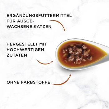 Löffel mit stückigem Nassfutter in Soße; deutsche Hinweise, dass es sich um ein Ergänzungsfuttermittel für ausgewachsene Katzen handelt, aus hochwertigen Zutaten, ohne Farbstoffe.