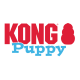 KONG Puppy-Logo: fett gedruckter roter Schriftzug "KONG" mit roter KONG-Spielzeug-Silhouette und blauem Schriftzug "Puppy".