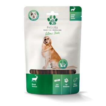 Fellicita Fellonis Sticks Wild-Hundesnack-Beutel mit einem Golden Retriever; Text 'Hirsch Venison' und 'Junior Adult Senior'.