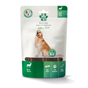 Fellicita Fellonis Sticks Wild-Hundesnack-Beutel mit einem Golden Retriever; Text 'Hirsch Venison' und 'Junior Adult Senior'.