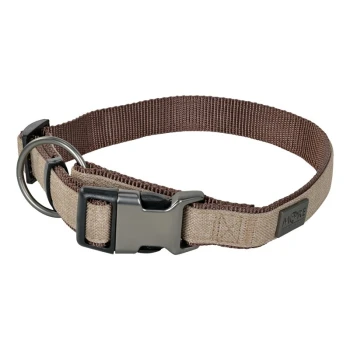 A durable pet collar featuring a tan and brown color scheme, with a sturdy buckle and metal D-ring for leash attachment.