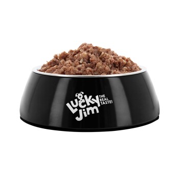 Schwarze Futterschüssel gefüllt mit Nassfutter; Vorderseite Logo 'Lucky Jim' und Slogan 'THE REAL TASTE!'.