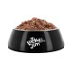 Schwarze Futterschüssel gefüllt mit Nassfutter; Vorderseite Logo 'Lucky Jim' und Slogan 'THE REAL TASTE!'.