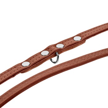 Nahaufnahme einer braunen Haustierleine mit Metallschnappverschlüssen und einem Ring zur Befestigung, die ihr strukturiertes Design zeigt.