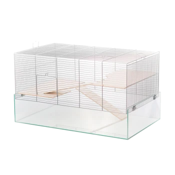 A spacious wire pet cage with a transparent base, featuring wooden ramps and multiple access doors for small animals.