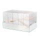 A spacious wire pet cage with a transparent base, featuring wooden ramps and multiple access doors for small animals.
