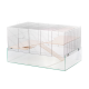 A spacious wire pet cage with a transparent base, featuring wooden ramps and multiple access doors for small animals.