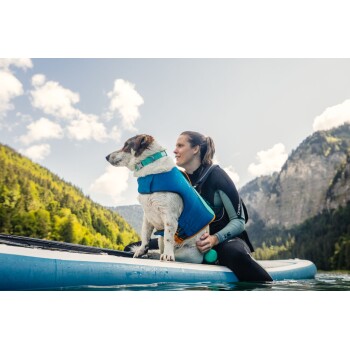 Eine Person in einem Neoprenanzug sitzt auf einem Paddleboard mit einem Hund, der eine blaue Schwimmweste trägt, umgeben von Bergen und einem klaren Himmel.