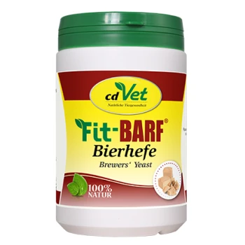 Behälter mit cdVet Fit-BARF Brauereihefe, als 100% natürlich gekennzeichnet, mit einem grünen Deckel und Bildern von Hefe und Blättern.