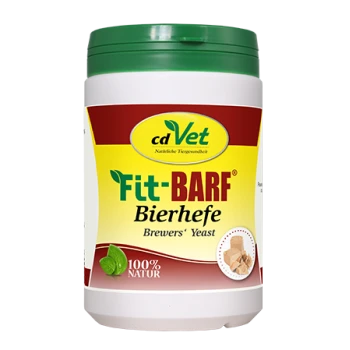 Behälter mit cdVet Fit-BARF Brauereihefe, als 100% natürlich gekennzeichnet, mit einem grünen Deckel und Bildern von Hefe und Blättern.