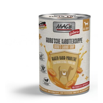 Dose MAC's Vetcare Moro's Karottensuppe Hundefutter für gastrointestinale Probleme, getreidefrei, vegetarisch, hergestellt in Deutschland.