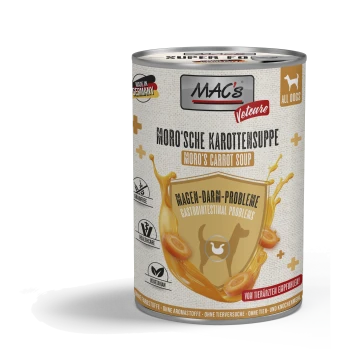 Dose MAC's Vetcare Moro's Karottensuppe Hundefutter für gastrointestinale Probleme, getreidefrei, vegetarisch, hergestellt in Deutschland.