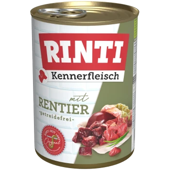 Eine Dose RINTI Kennerfleisch Haustierfutter mit der Aufschrift "mit RENTIER" und "getreidefrei," die Fleischstücke zeigt.