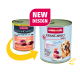 Zwei Animonda GranCarno Hundefutterdosen mit altem und neuem Design, 'NEW DESIGN'-Badge, Aufschrift 'Reines Huhn + Reis' und Hundeabbild.