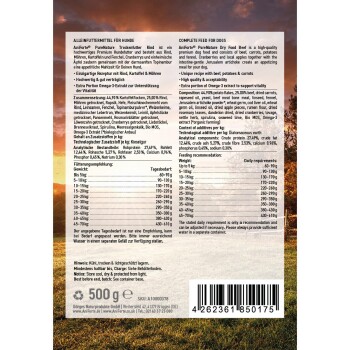 Verpackung für komplettes Hundefutter mit Zutaten wie Rindfleisch, Karotten, Kartoffeln und Cranberries, mit Nährwertanalyse und Fütterungshinweisen.