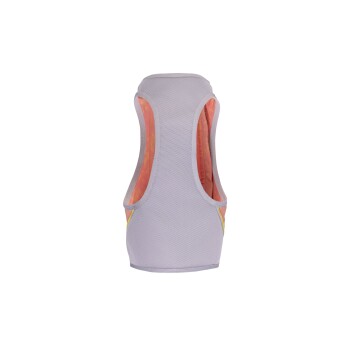 Ein graues Haustiergeschirr mit einem Netzdesign und leuchtend orangefarbener Fütterung, mit einem gelben Akzent, von hinten angezeigt.