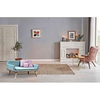 Ein gemütliches Wohnzimmer mit einem hellblauen Haustiersofa mit vier rosa Kissen, einem gewebten Teppich, einem modernen Sessel und einem weißen Kamin.