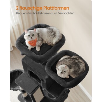 Zwei gemütliche Katzenplattformen mit einer Katze, die auf jeder ruht, begleitet von dem Text: "2 flauschige Plattformen Bequem für Ihre Fellnasen."
