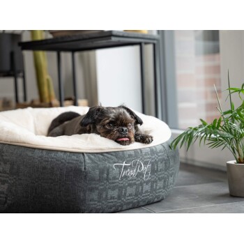 Ein kleiner, schwarzer Hund liegt auf einem gemütlichen, runden Haustierbett mit einem weichen, cremefarbenen Innenraum, mit dem Text 'TrendPet' an der Seite.