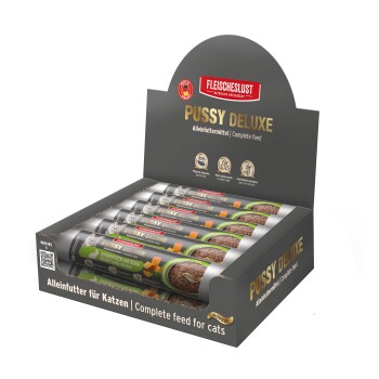 Fleischeslust „Pussy Deluxe“ Katzenmousse-Tuben in Thekenaufsteller, beschriftet mit „Alleinfuttermittel | Complete feed for cats“