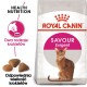 Torba z karmą dla kotów Royal Canin Savour Exigent z dwoma rodzajami krokietów, z tekstem podkreślającym zdrowe odżywianie i odpowiedni rozmiar krokietów.