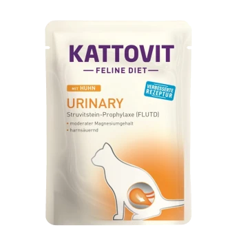 Kattovit Feline Diet Urinary Katzenfutterbeutel mit Huhn, mit einer Katzensilhouette und Text über die Vorbeugung von Struvitsteinen und Magnesiumgehalt.