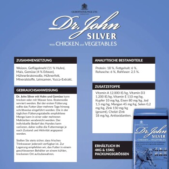 Dr. John Silver Hundefutterverpackung mit Huhn und Gemüse, mit Zutatenliste, Fütterungshinweisen und Nährwertanalyse auf Deutsch.