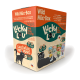 Schachtel mit "Lucky Lou Wild Mix-Box" Katzenfutter mit einem Design einer schwarzen Katze, mit Text, der 4 Sorten, 96% Fleischgehalt und getreidefrei hervorhebt.