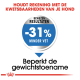 Afbeelding die een huisdiervoedingsproduct promoot, met een blauwe badge die '-31% minder vet' aangeeft en tekst 'Beperkt de gewichtstoename' in het Nederlands.