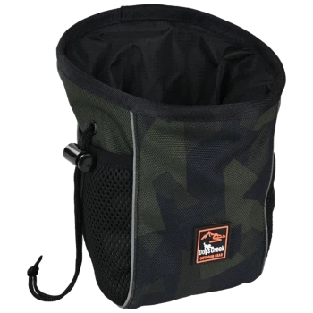 A camouflage-patterned pet gear bag with a drawstring closure and mesh side pocket, featuring a "Dog's Creek Outdoor Gear" logo.