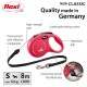 Red flexi retractable dog leash for small dogs (up to 12 kg), 8m cord, ergonomic grip, reflective belt, and Multi Box slot. Quality made in Germany.