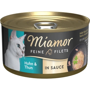Eine Dose Miamor Feine Filets Katzenfutter mit einer weißen Katze auf dem Etikett, beschriftet mit "Huhn & Thun in Sauce."
