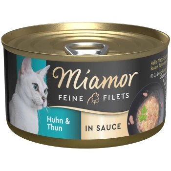 Eine Dose Miamor Feine Filets Katzenfutter mit einer weißen Katze auf dem Etikett, beschriftet mit "Huhn & Thun in Sauce."