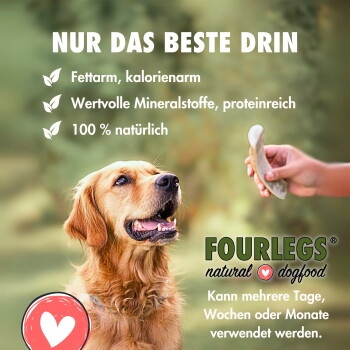 Golden Retriever betrachtet eine von der Hand angebotene Belohnung; deutscher Werbetext 'NUR DAS BESTE DRIN' mit aufgeführten Vorteilen und FOURLEGS natural dogfood-Logo.