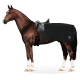 Ein braunes Pferd steht im Profil, trägt eine schwarze gesteppte Satteldecke und einen Sattel, und zeigt sein glattes Fell und weiße Abzeichen an den Beinen.