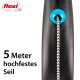 Flexi ausziehbare Hundeleine mit einem 5-Meter starken Seil, mit einem schwarzen Griff und einem blauen Auslöser.