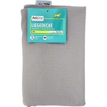 Couverture pour animaux grise avec une surface texturée, étiquetée 'AniOne Liegedecke' et dimensions 120 x 75 cm, adaptée à divers usages.