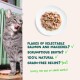 Gray tabby cat licking lips by bowl, plate of salmon and mackerel flakes, text: "Flakes of salmon and mackerel? ✓"