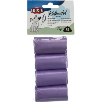 Fioletowe worki na psie odchody w paczce 80 sztuk, z rysunkiem wesołego psa i lawendowymi kwiatami na opakowaniu.