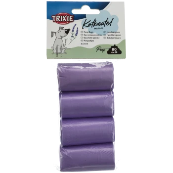 Sacs à crottes de chien violets dans un paquet de 80, avec une illustration de chien ludique et des fleurs de lavande sur l'emballage.
